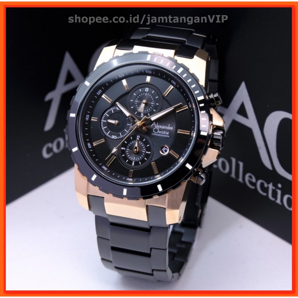 Jam Cowok Alexandre Christie AC 6141 Alexandre Christie AC6141 Black Rosegold Original