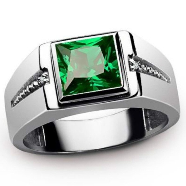 Cincin Silver Batu Hijau Mewah / Cincin Pria Titanium Batu Zirkon Sintetis Simple Elegant / Green Si