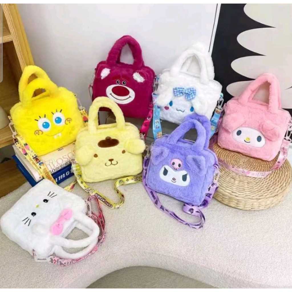 Tas Selempang Bahan Bulu Halus / Shoulder Bag Motif Karakter Lucu / Tas Pinggang Anak Perempuan / Cu