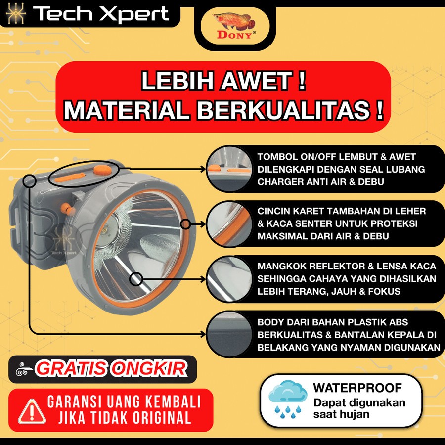 ND4 SENTER KEPALA LED DONY 5/20 WATT KL-503 "KEREN HABIS" ANTI AIR OUTDOOR UKURAN SEDANG