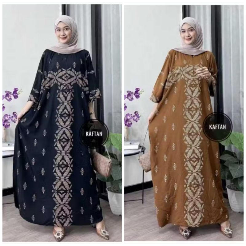 Azkia - Home Kaftan Motif Yura Bahan Rayon Super Jumbo Ld 160 cm Baju Muslimah Kaftan Mewah Elegan