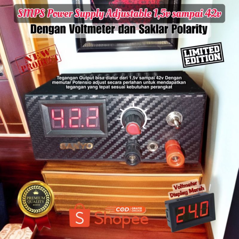 Termurah SMPS Adaptor Adjustable 1v sampai 42v Dengan Voltmeter dan Saklar Polarity