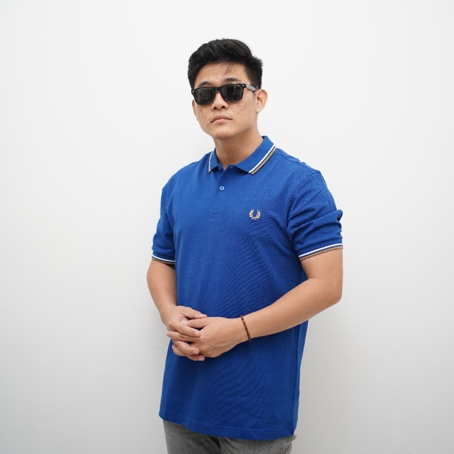 Fred Perry Polo Twin White Brown List Shirt In Blue Kemeja Kaos Pria dan Wanita Original