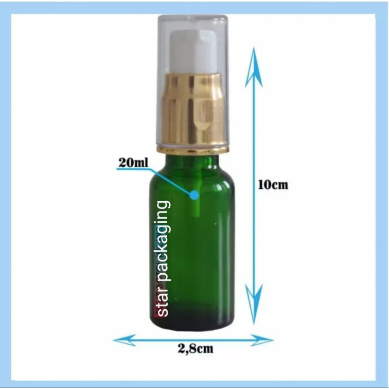 Botol Kaca 20ml Hijau Tutup Pump Treatment Gold Botol Pump 20ml Kaca Hijau
