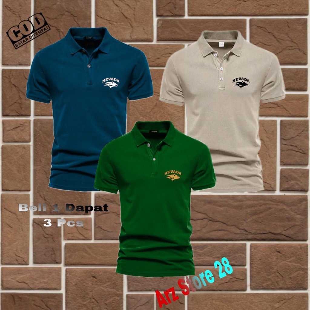 Terlaris  Baju Kaos Polo Pria Distro Text Gold /Putih/Hitam <Nevada > 1 Paket Isi 3 Pcs > Kaos Polo 