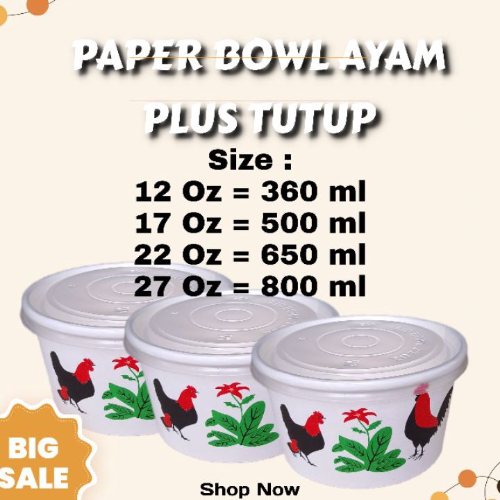 Cepat Paper Bowl Ayam  per 5 pcs  Rice Bowl Cup Bowl Mangkuk Mangkok Motif Ayam  Tutup 12oz 17oz 22o