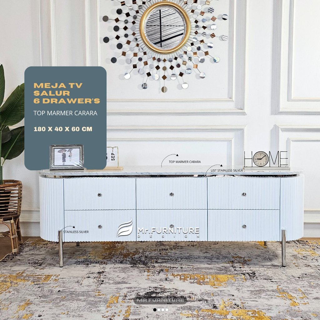 Meja  Tv Salur Duco Putih Marmer Carrara 180 cm