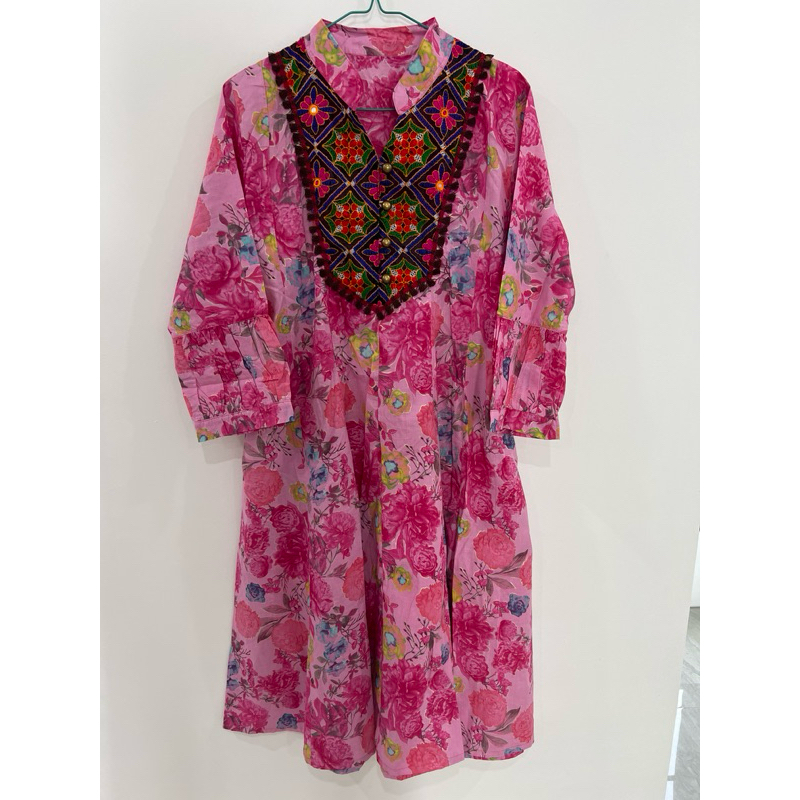 Tunik Katun India Motif Bunga Fuschia