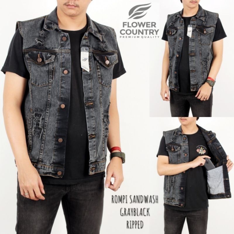 VEST DENIM RIPPED Rompi Jeans Sobek Pria Grey Black Premium Jaket Motor Outdoor Simple Kasual M L XL