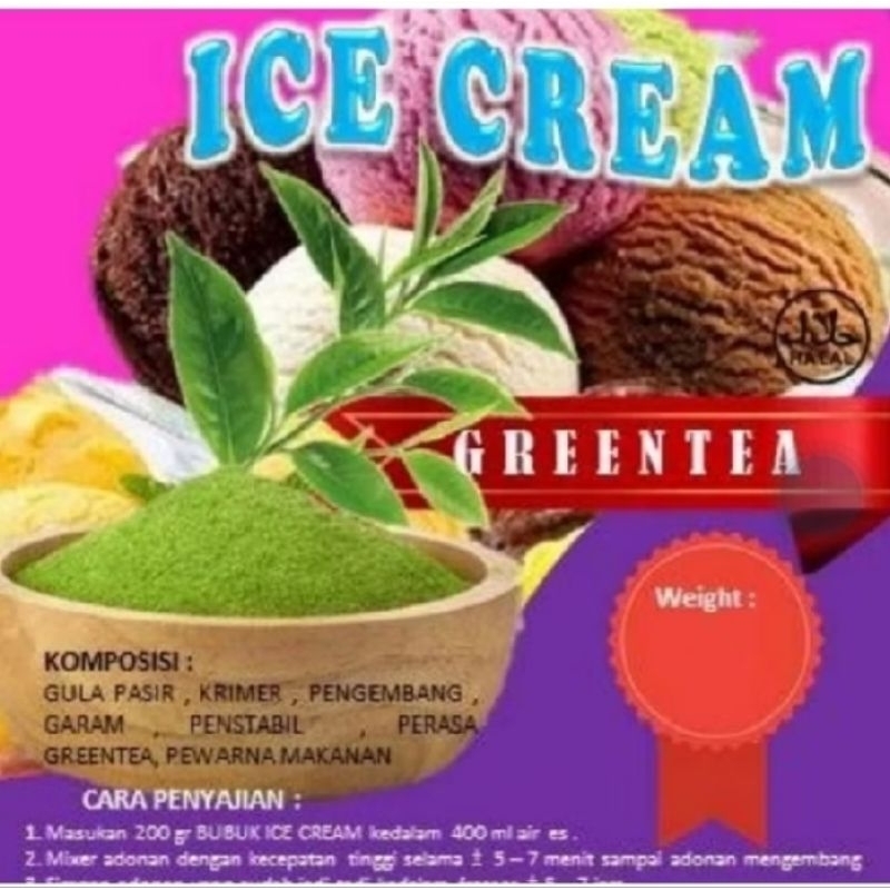 

BUBUK ICE CREAM RASA GREEN TEA 500 GRAM/ES KRIM POWDER HARD/SOFT
