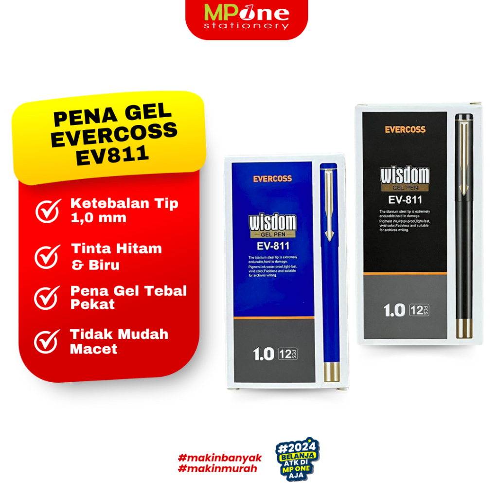 

(1 PCS) Evercoss Pena Gel 1,0mm Tinta Hitam & Biru EV-811 / Pulpen Gel ink Evercoss Isi 12 Pcs