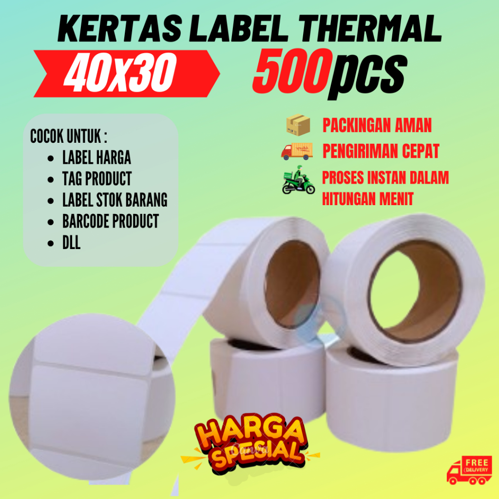 

KERTAS THERMAL 40X30 ISI 500 LABEL STIKER BARCODE