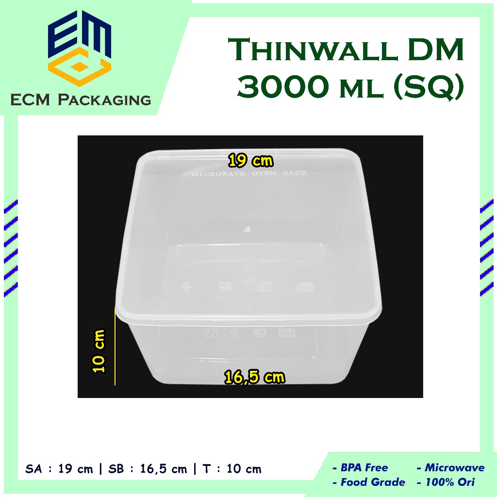 1PC THINWALL DM 3000ML SQUARE (SQ) | THINWALL KOTAK BESAR | KOTAK MAKAN PLASTIK 3L