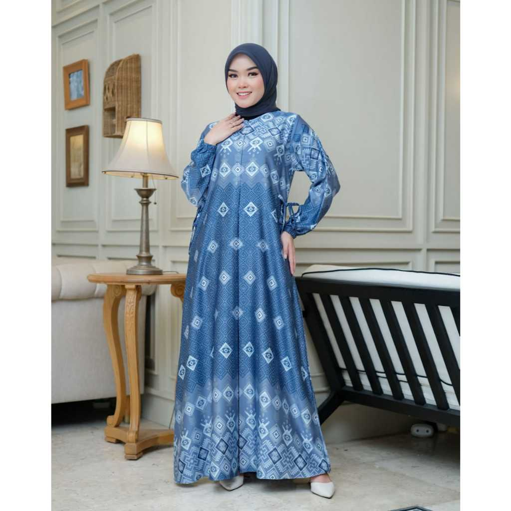 COD Gamis Mewah Silk Premium Motif Printing Bunsui Jumbo Terbaru Gamis Silky Butik Pesta Real Peacth