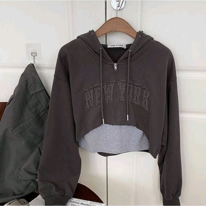 NEWYORK CROOPE JAKET HOODIE ZIPPER SWEATER WANITA CROP TOP