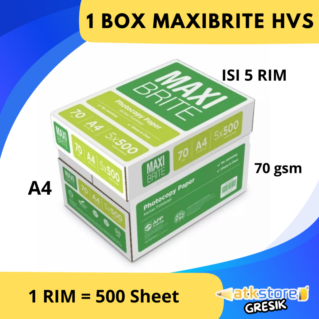 

(1 BOX (5 RIM) / 3 RIM) Kertas HVS A4 MAXI BRITE 70 GSM Kertas Print Fotocopy Putih Bersih Tebal