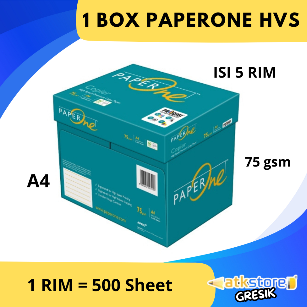 

KERTAS HVS A4 75 GSM PAPERONE PER KARTON / KERTAS HVS F4 FOLIO 75 GRAM 1 DUS / HVS 1 BOX 5 RIM