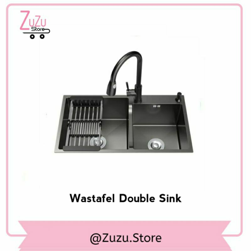 Wastafel Double Sink / Bak Cuci Piring 2 lubang Stainless Steel Komplit Hitam dan Silver