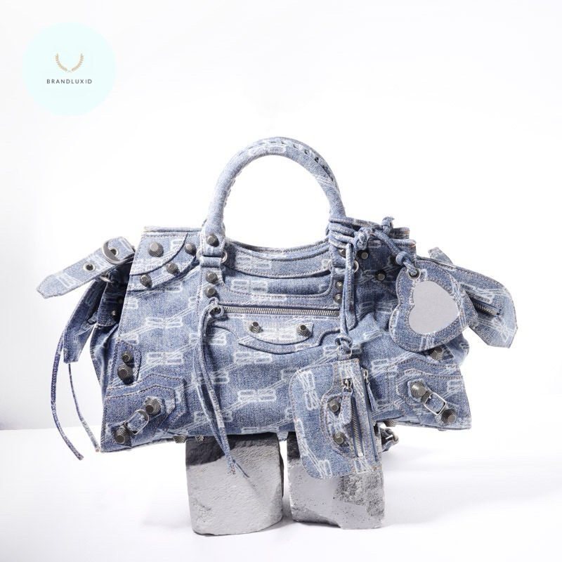Balenciaga Neo Cagole City Handbag in Blue BB Monogram Bleached Denim