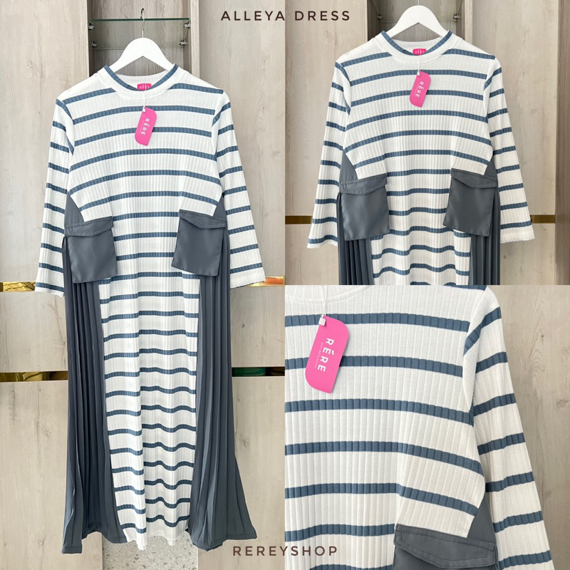Rereyshop Alleya Dress Wanita Terbaru Salur Stripe Plisket Nyaman Adem Gamis Muslim Knit Korean Styl
