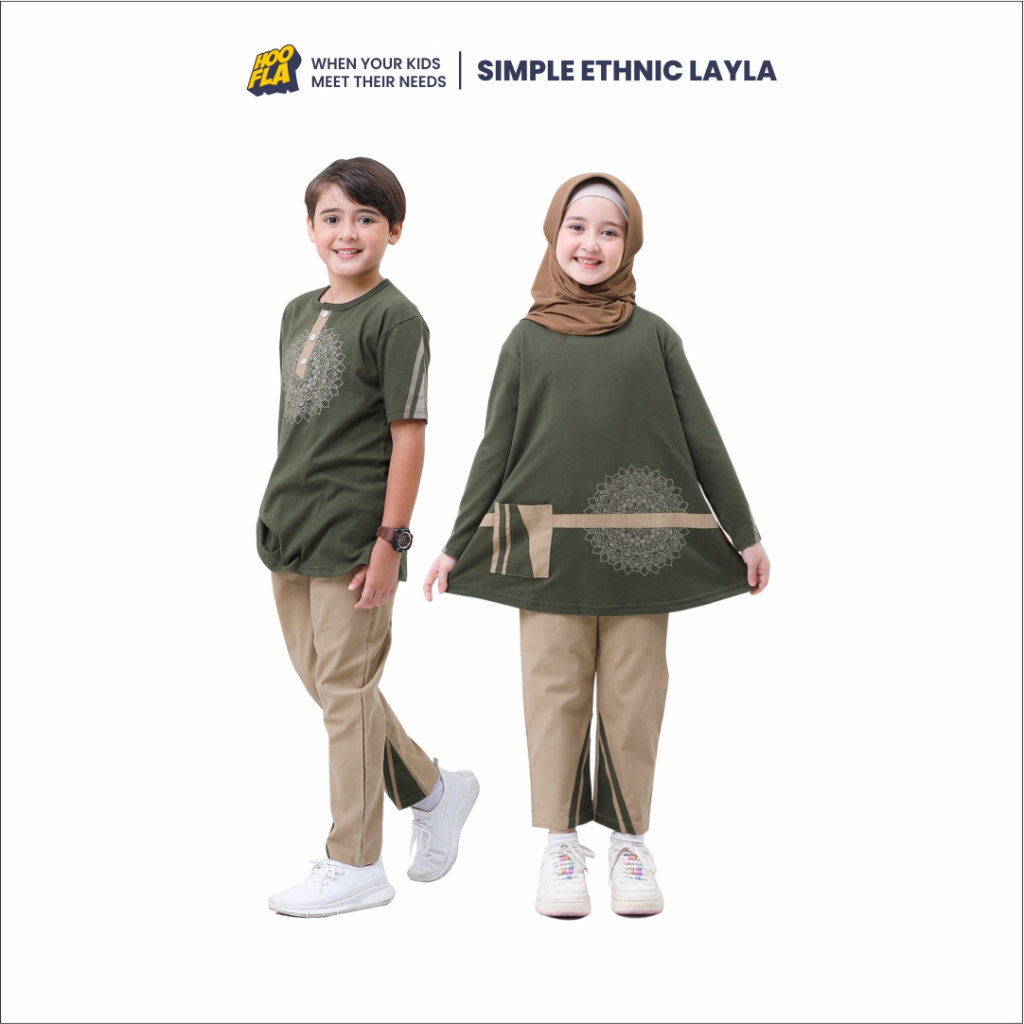 Hoofla Kids LAYLA QAIS Setelan Kaos Tunik Anak Perempuan Laki-laki Muslim Lengan Panjang 5-12 Tahun 