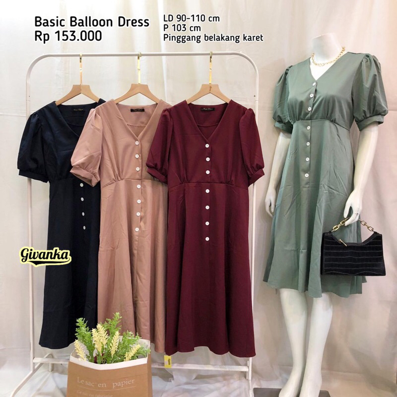 DRESS VNECK KANCING  7/8 , DRESS WANITA LENGAN PENDEK VARIASI LENGAN BALON/ DRESS 7/8 VNECK BASIC