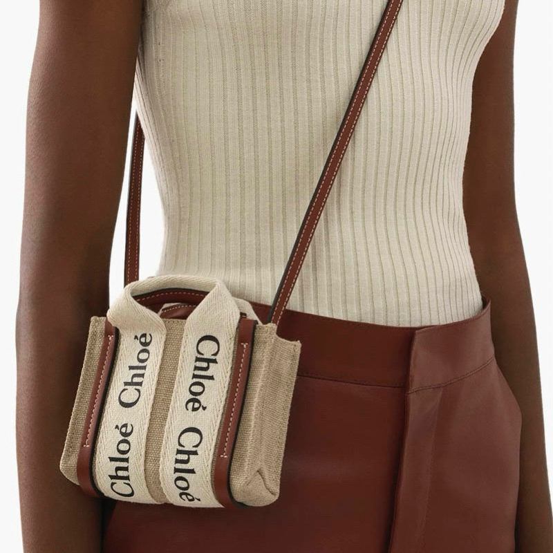 Original Chloe Nano Woody Tote Crossbody Bag in Linen and Shiny Calfskin
