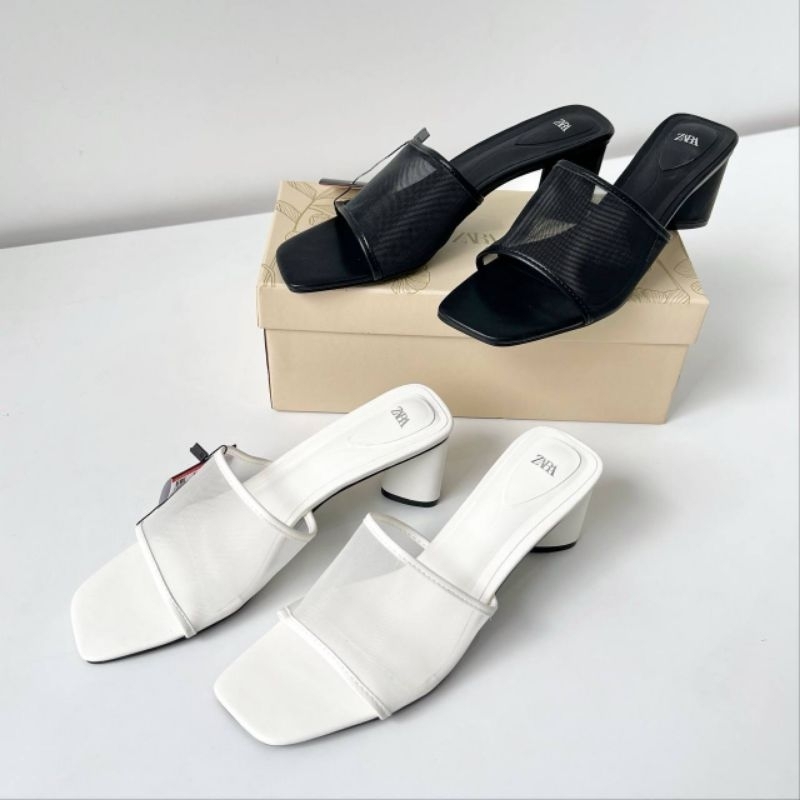 Sandal zara heels 6 cm selop sepatu hitam putih