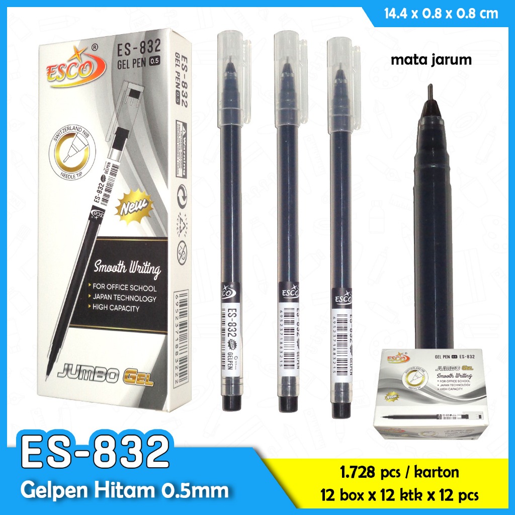 

(12pcs) Esco Mini Pen Gel ES 832 0,5 Tinta Hitam Anti Macet Luntur Murah Grosir Lusin Stationery