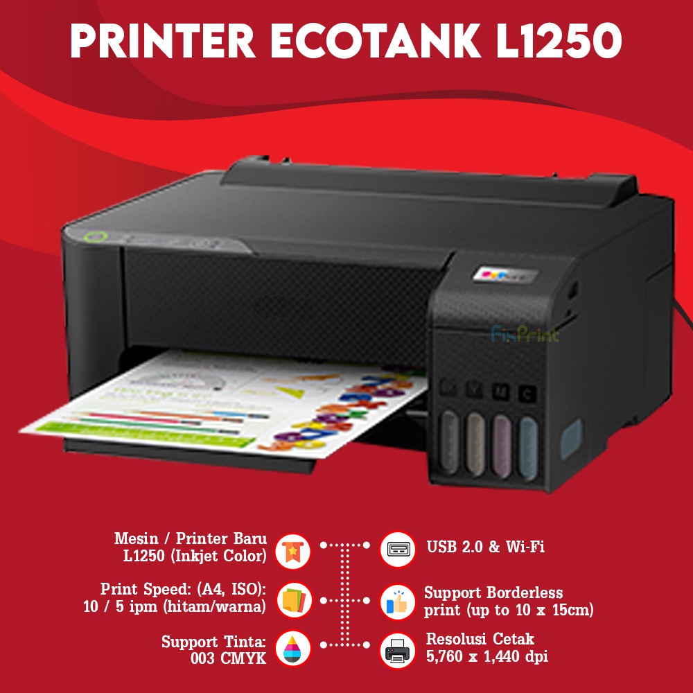 Printer Epson L1250 Hitam L1256 Putih EcoTank Print Only Wifi Tinta 003 Original Printer Inktank Ink