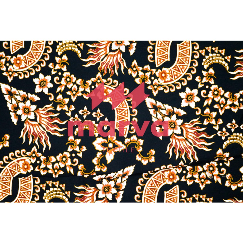 Kain Batik Meteran Premium Bahan 100% katun motif bunga warna hitam by Marva textile