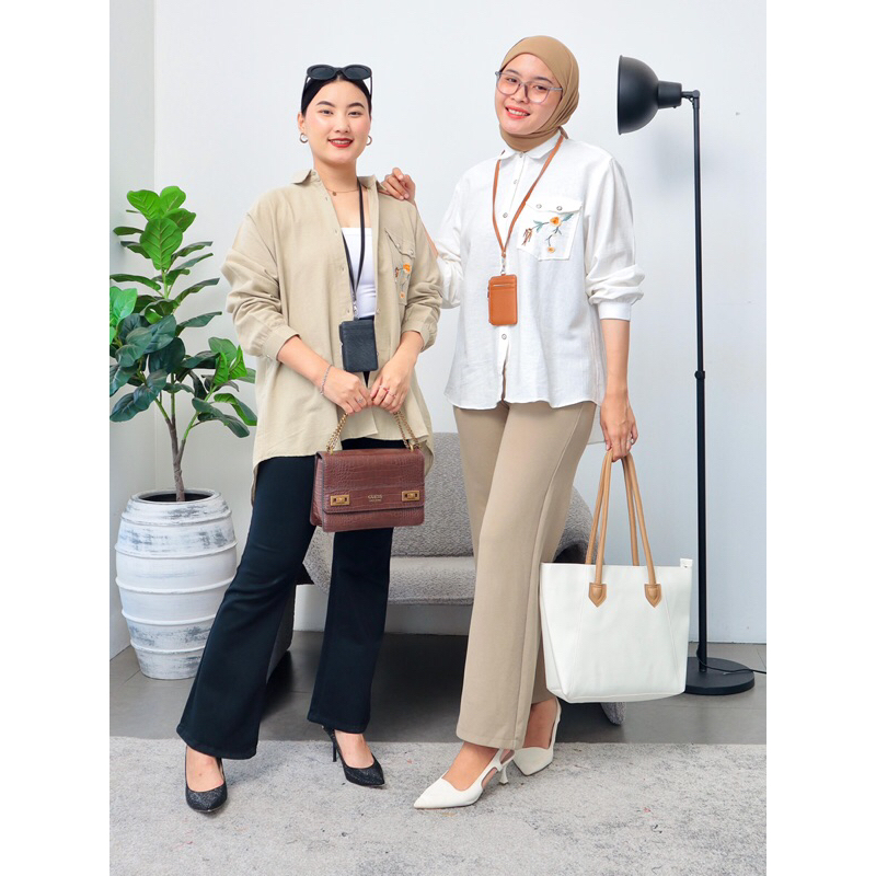 Kemeja Wanita Korean Style Bordir Kinaya Linen Bordir Hitam Putih Came Pink Army Oversize Jumbo Bigs