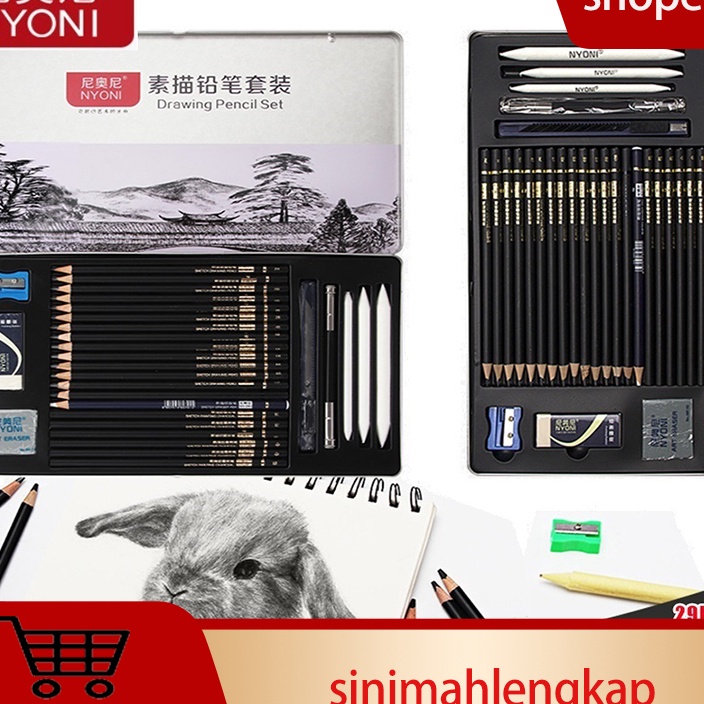 

ORIGINAL NYONI Sketch drawing pencil pensil grafit charcoal arang 29 pcs set tin case