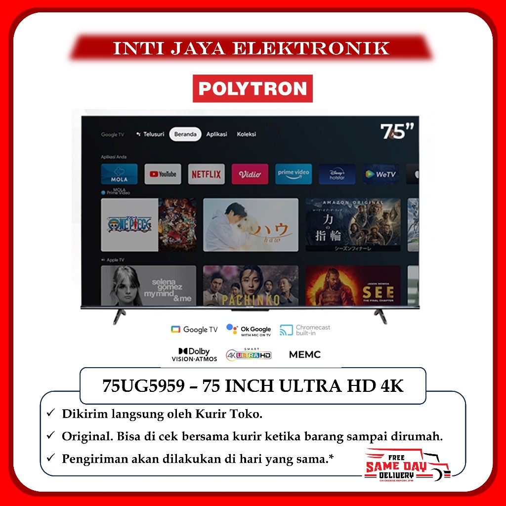 TV POLYTRON 75 INCH SMART GOOGLE TV ULTRA HD 4K 75INCH - 75UG5959