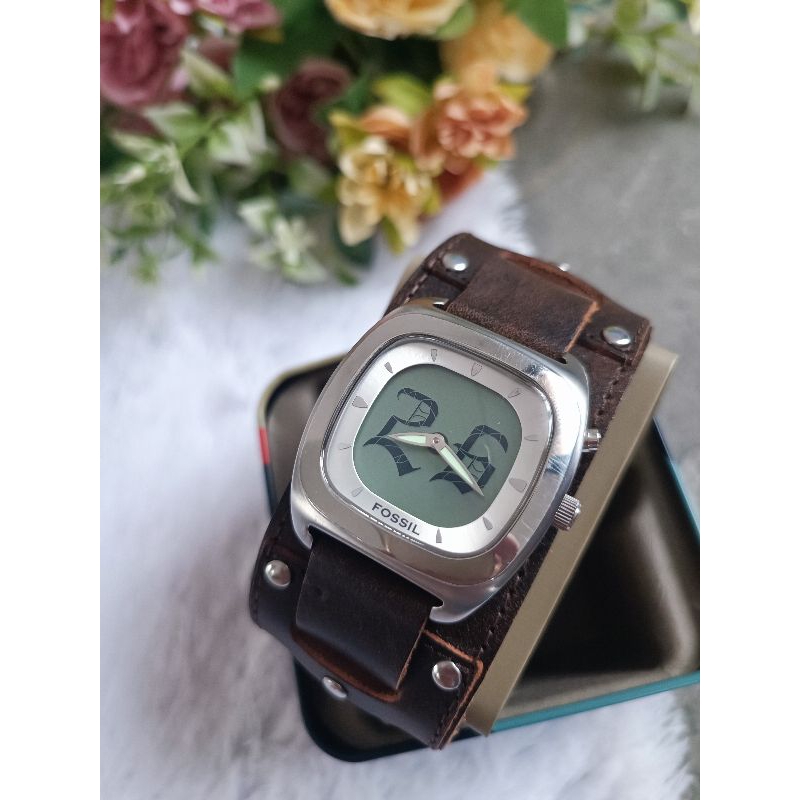 BT044 Jam Fo s*il Vintage Gaban Big Tic Diameter 4 cm Brown Leather Auth