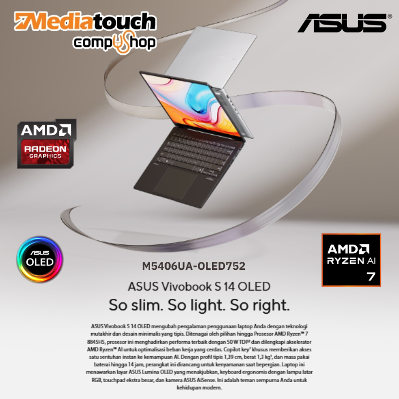 Asus Vivobook S14 M5406UA-OLED752 /Ryzen 7-8845HS/16GB/512GB SSD/14″ WUXGA OLED/Win 11 Home+OHS 2021