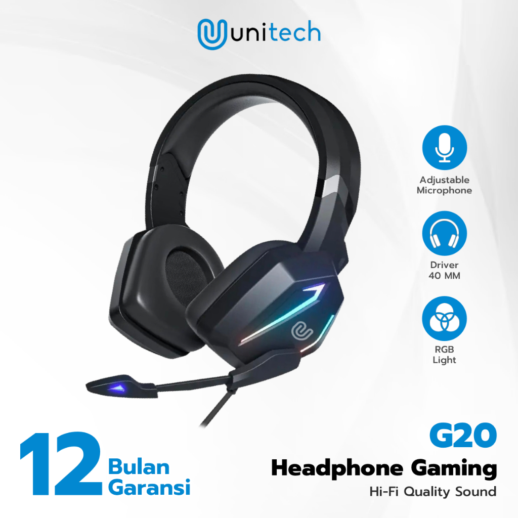 Headphone Gaming Kabel Stereo LED Super Bass Unitech Triton Headset Game + Mic Gratis Splitter