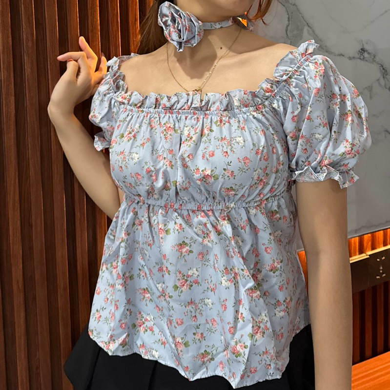 { LOVADETTA } BISA INSTANT | BERYL TOP - ATASAN BAJU FLORAL PUFFY SERUT WANITA | SABRINA TOP TALI RO