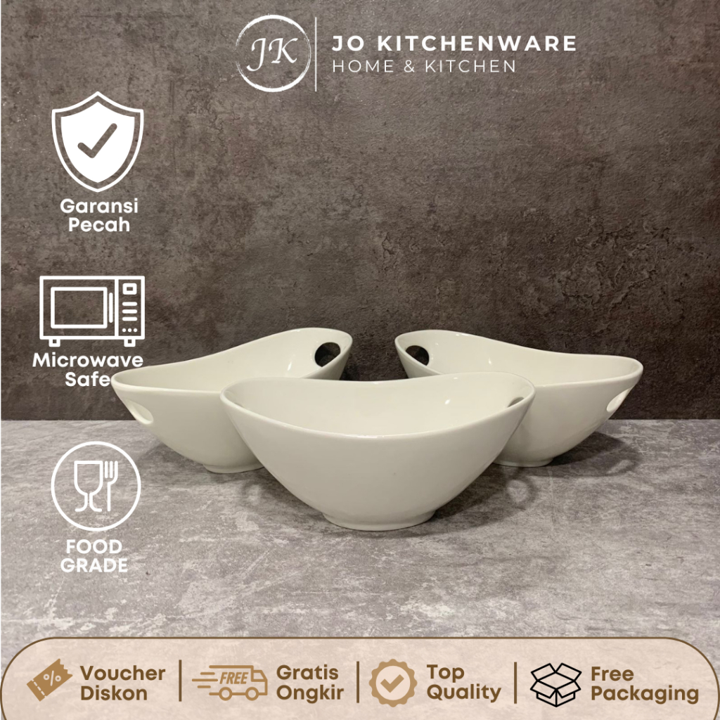 Mangkok buah oval keramik berhandle keramik putih polos ukuran 23 x 13cm / mangkok saji oval keramik