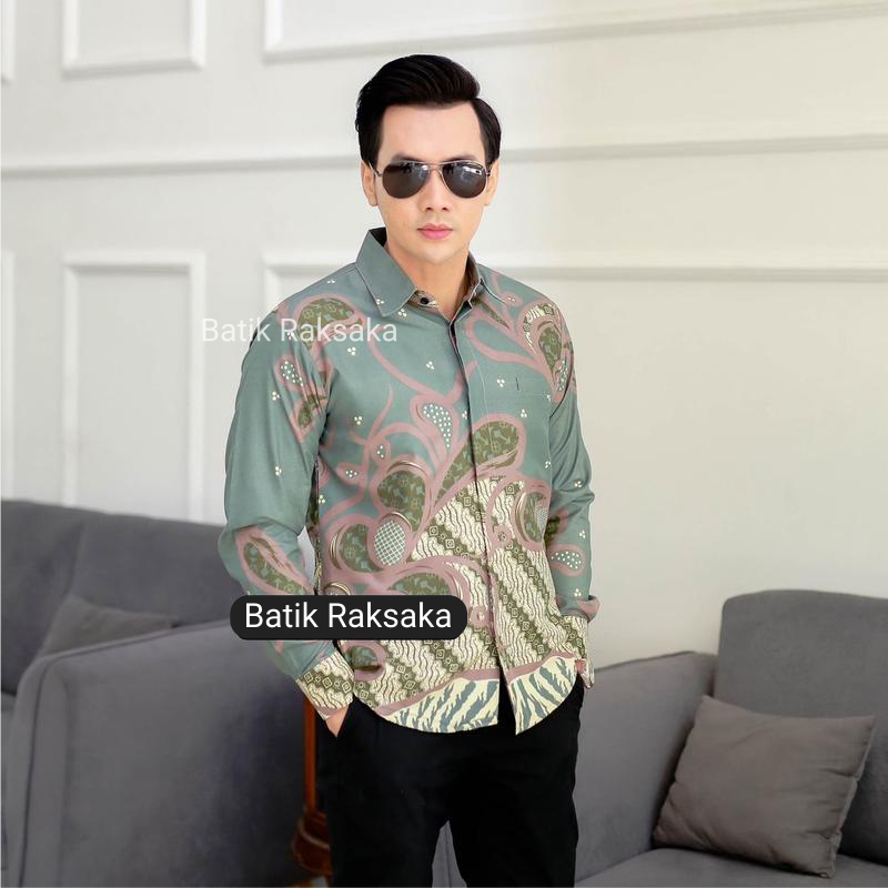 Kemeja Batik Pria Cowok Slimfit Premium Motif SENTANI Full Furing Baju Lengan Panjang Warna Hijau Sa