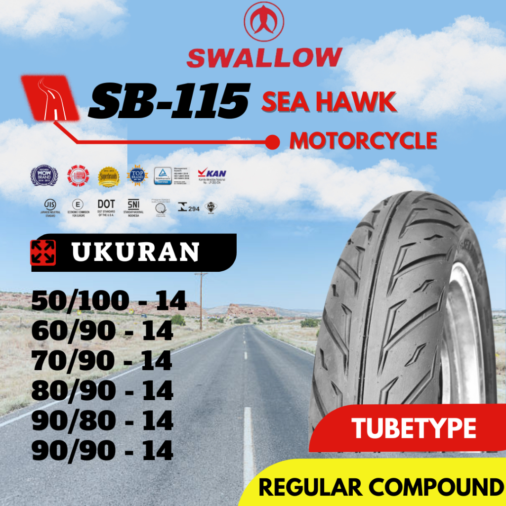 Ban Luar Sepeda Motor Swallow SB-115 SEA HAWK 50/100 60/90 70/90 80/90 90/80 90/90 Ring 14 Tubetype