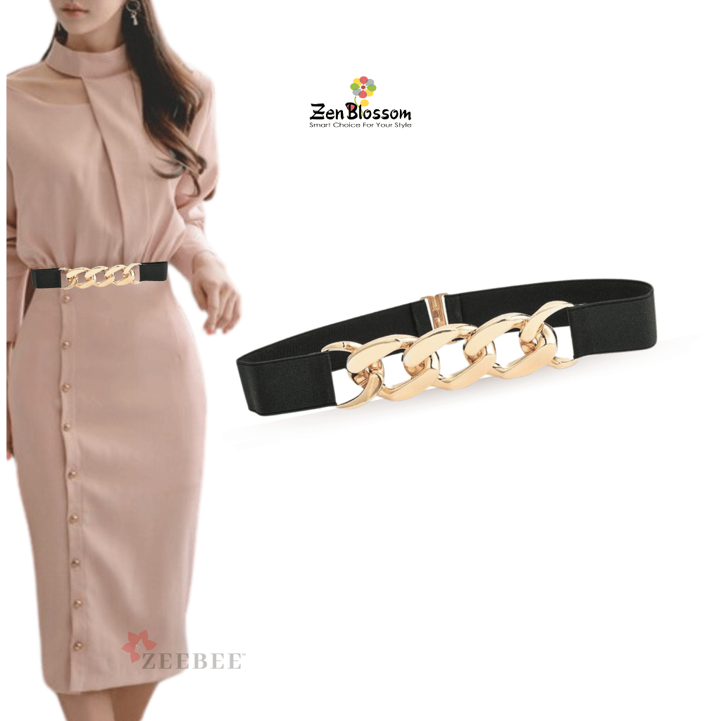 ZenBlossom Ikat Pinggang Wanita Elastis Fashion Gasper Sabuk Karet Gold Chain