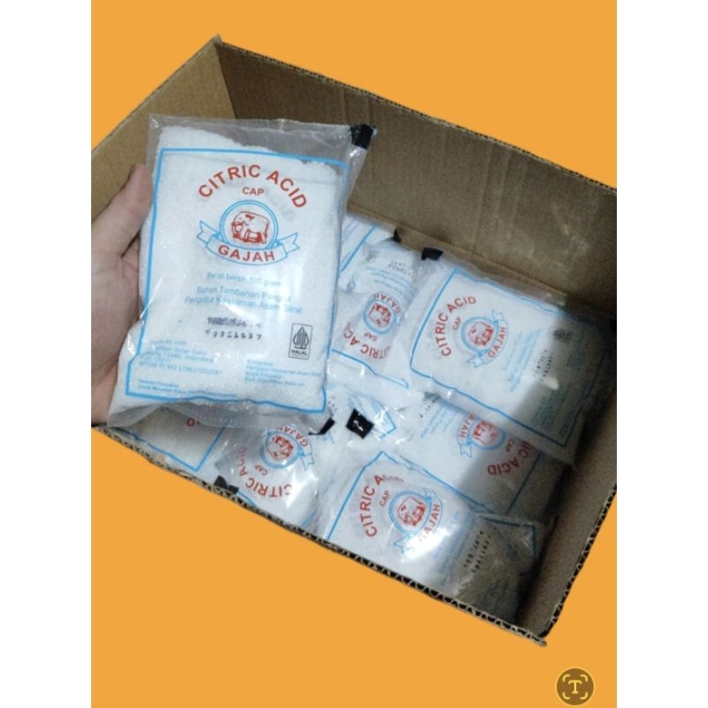 

Citric Acid Cap Gajah/Sitru/Citrun/Asam Sitrat/Asam Citrun/500 gram x 20 (pcs) /1 Dus sachet Halal Food Grade Exp Panjang