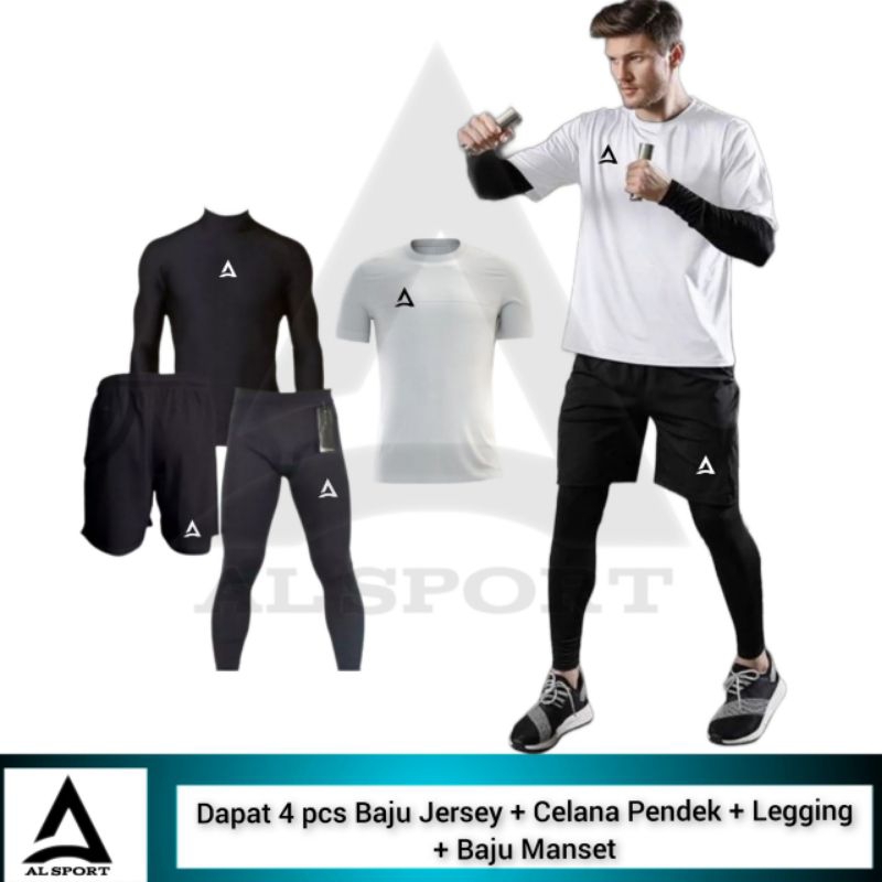 4 IN 1 Stelan Olahraga Pria Baju Jersey Manset Legging Sport Futsal Lari Gym