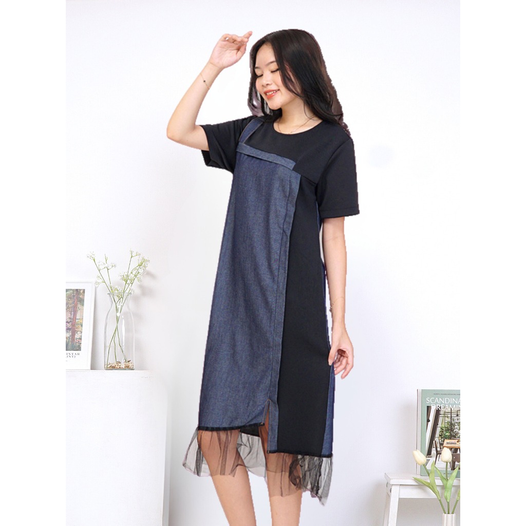 Dresscovery.id | D#013 Qarina Denim Scuba Tulle Dress / Jeans Kombinasi Tile Belah Depan