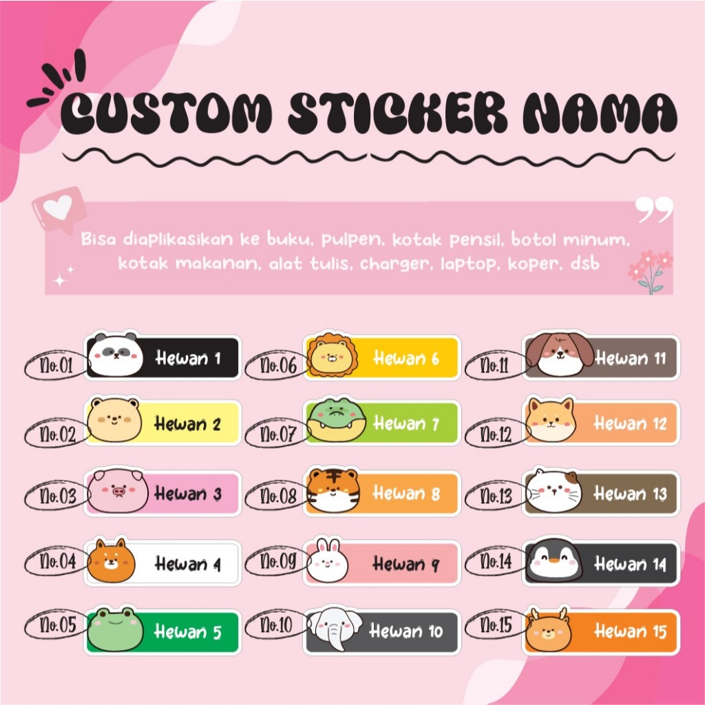

STICKER LABEL NAMA ANIME ANIMAL HEWAN CUTE 1 VERSION STIKER LEBEL CUSTOM PREMIUM MURAH LUCU BISA TEMPEL DI BUKU KOTAK PENSIL HELM BOTOL MINUM KOTAK MAKANAN ALAT TULIS KOPER LAPTOP HP PINTU KACA