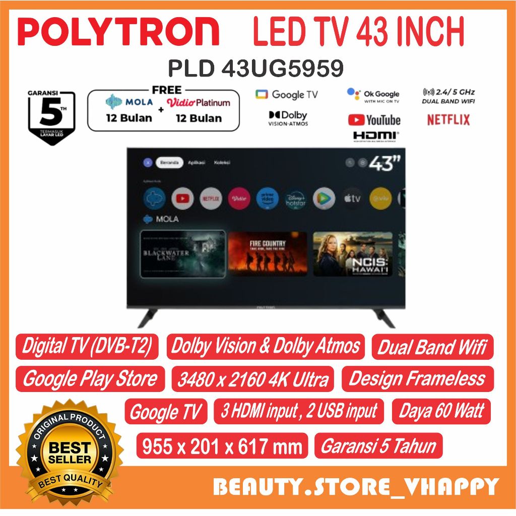TV LED Polytron Smart Cinemax Google TV 4K Ultra HD 43 inch PLD 43UG5959