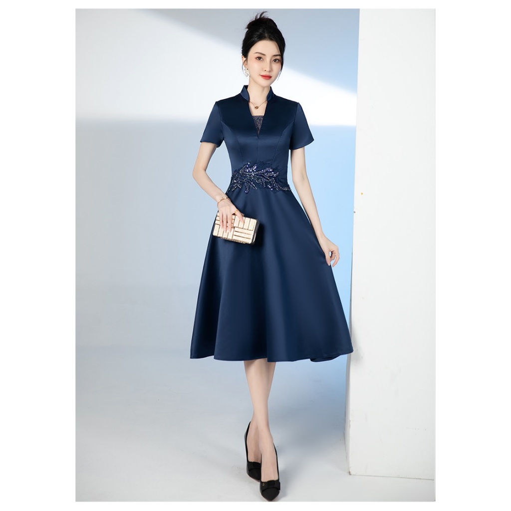 Gaun Pesta 2409003 Biru Tua Navy Lengan Pendek V Neck Party Dress