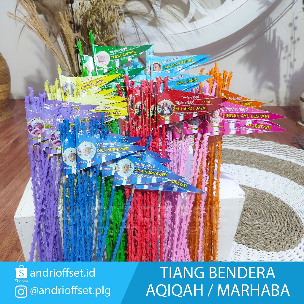 

bendera Aqiqah/Tasyakuran/Marhabah Bahan Art Paper 150gr sudah termasuk tiang bambu