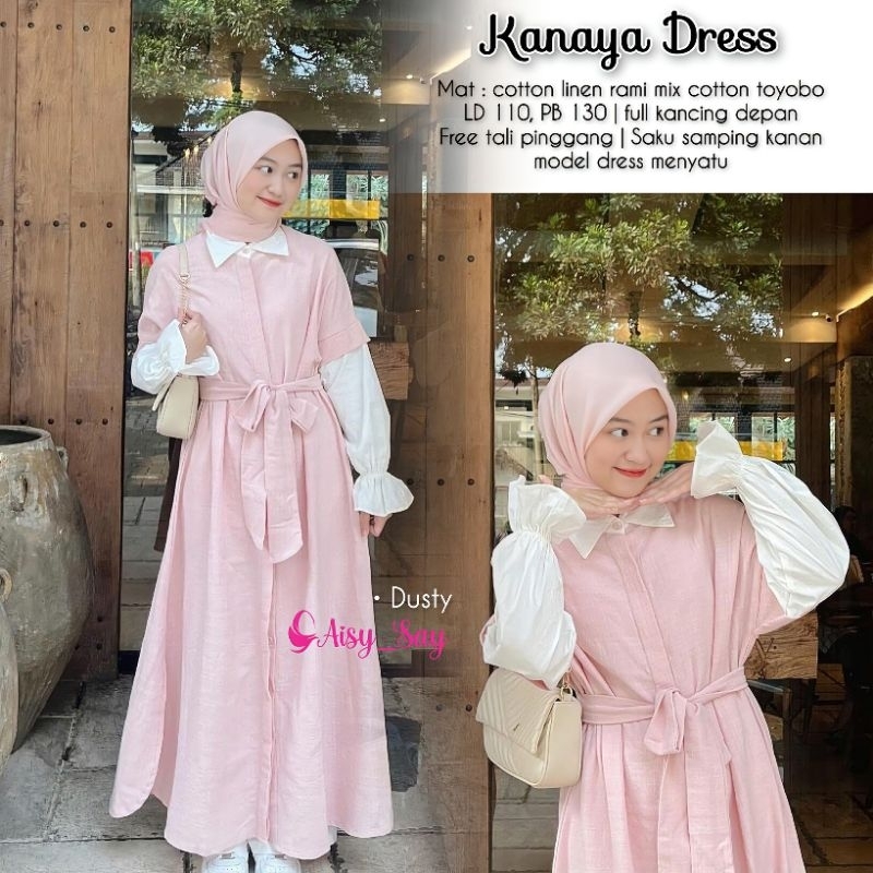 By Aisysay Kanaya Dress Kombinasi Cotton Linen Mix Toyobo-Dress Korean Style-Gamis Remaja Kombinasi 
